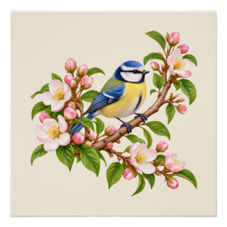 Blue Tit on Blossom Branch Botanical Bird Poster