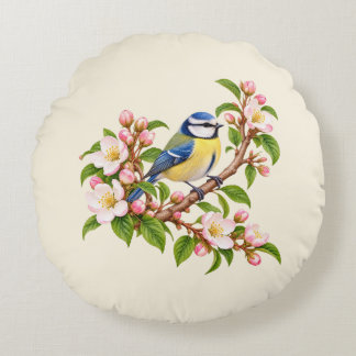 Blue Tit on Blossom Branch Botanical Bird Round Pillow