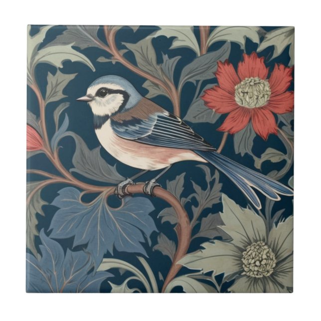 Blue Tit William Morris style Left facing Bird Tile (Front)