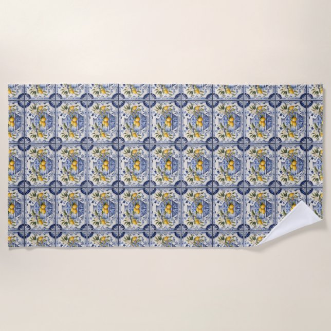 Blue titles and lemons from Amalfi Italy Beach Towel (Front)