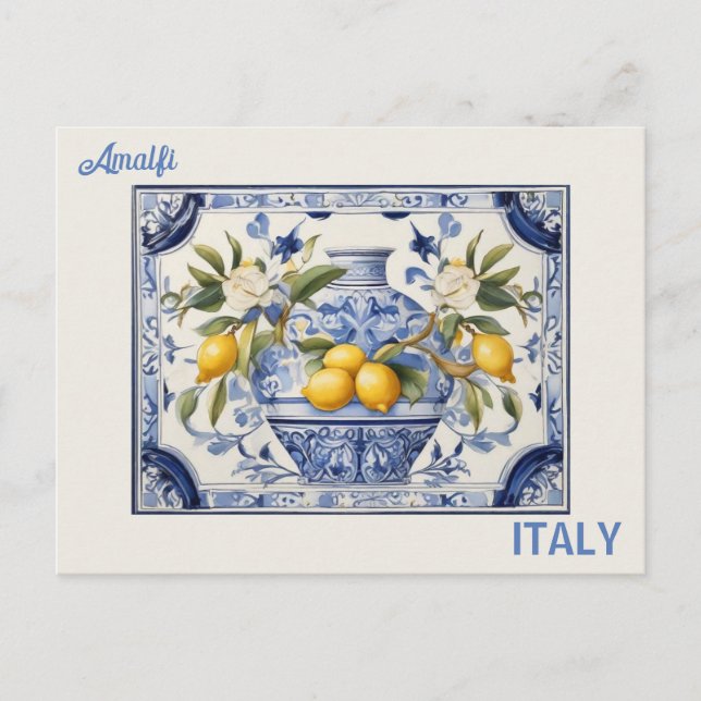 Blue titles and lemons from Amalfi Italy Postcard (Front)