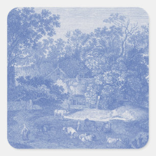 Blue Toil de Jouy French Country Shabby Elegance Square Sticker