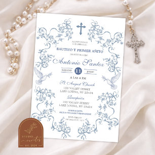 Blue Toile Baptism Boy Invitation
