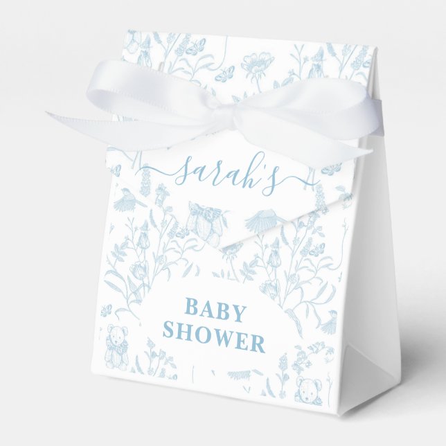 Blue Toile Bear Baby Shower Boy Favor Box (Front Side)