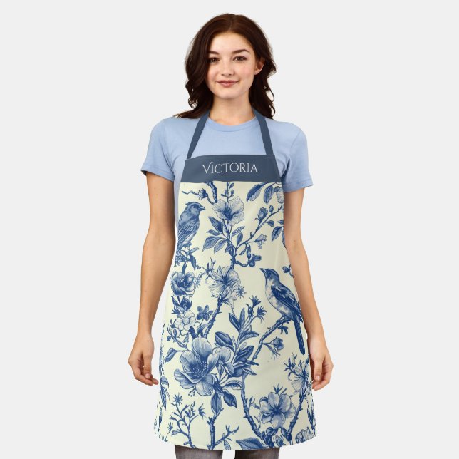 Blue Toile Birds Personalized Shabby Chic Apron (Worn)