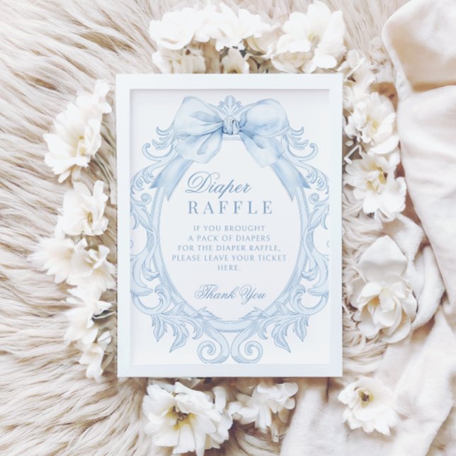 Blue Toile Bow Baby Boy Shower Diaper Raffle Sign Invitation (Creator Uploaded)