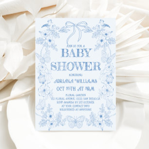 Blue Toile Bow Boy Baby Shower Invitation