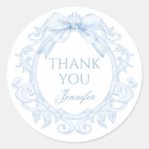Blue Toile Bow Frame Baby Boy Shower Thank You Classic Round Sticker