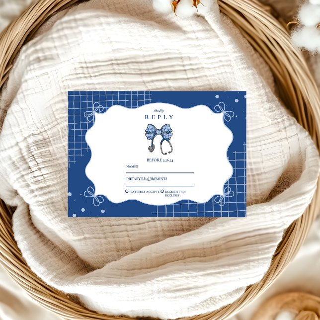 Blue Toile Bow Nurse School Grad RSVP Card (Creator Uploaded)