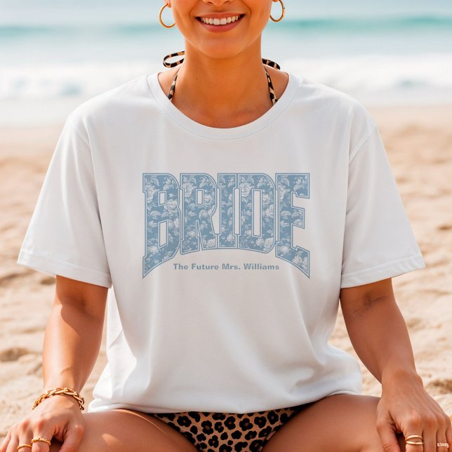 Blue Toile BRIDE Engagement Shower Bach Party T-Shirt (Personalize with names, dates, locations or events)