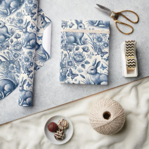 Blue Toile Bunny Rabbit Vintage  Wrapping Paper