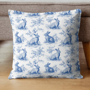 Blue Toile Bunny Vintage Rabbit Pattern Throw Pillow