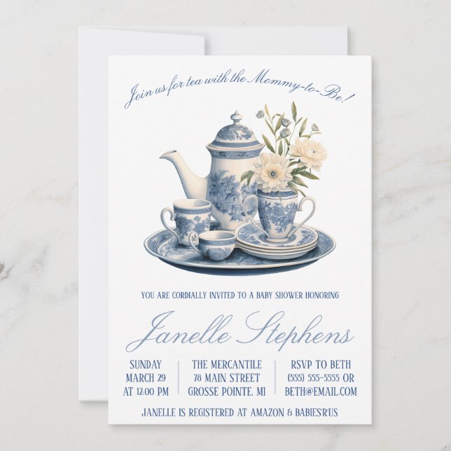 Blue Toile China, Victorian Tea Party Baby Shower Invitation (Front)
