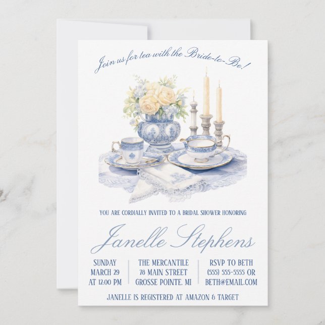 Blue Toile China Victorian Tea Party Bridal Shower Invitation (Front)