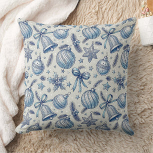 Blue Toile Christmas Ornaments Seamless Throw Pillow