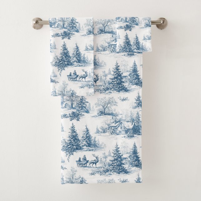 Blue Toile Christmas Pattern  Bath Towel Set (Insitu)