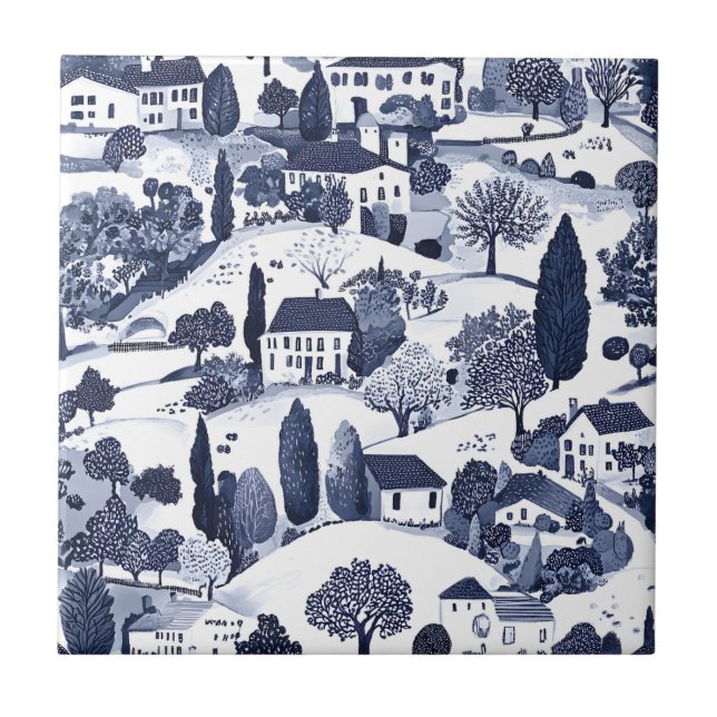 Blue Toile Countryside Scene (1) Tile (Front)
