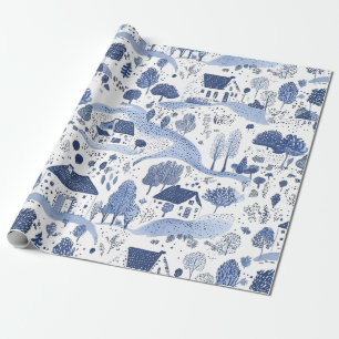 Blue Toile Countryside Scene (4) Wrapping Paper