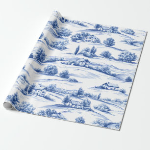 Blue Toile Countryside Scene (5) Wrapping Paper