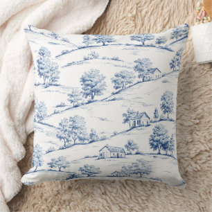 Blue Toile Countryside Scene (7) Throw Pillow