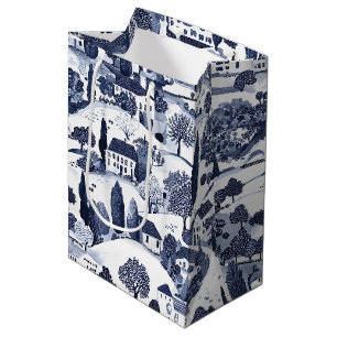 Blue Toile Countryside Scene Medium Gift Bag