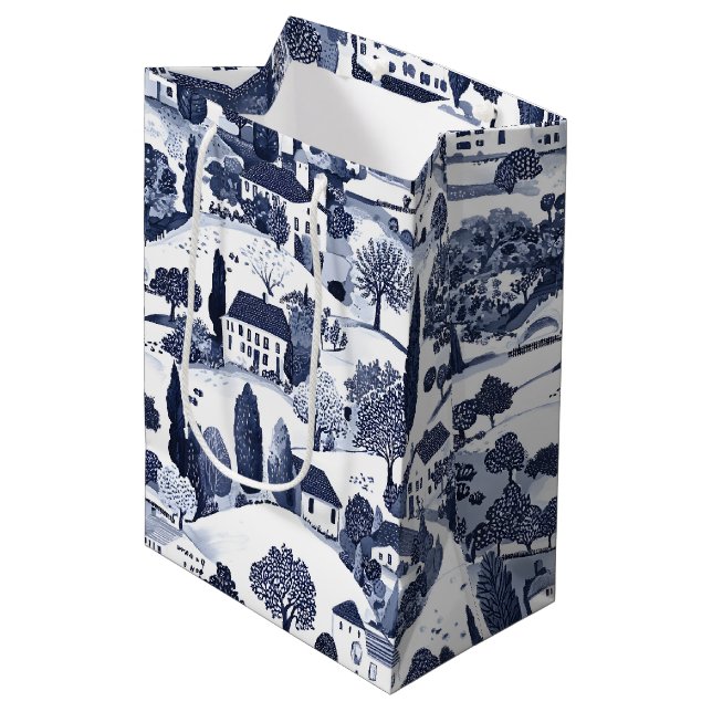 Blue Toile Countryside Scene Medium Gift Bag (Front Angled)