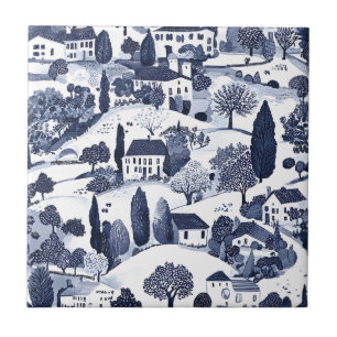 Blue Toile Countryside Scene Tile