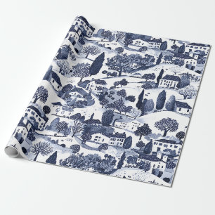 Blue Toile Countryside Scene Wrapping Paper