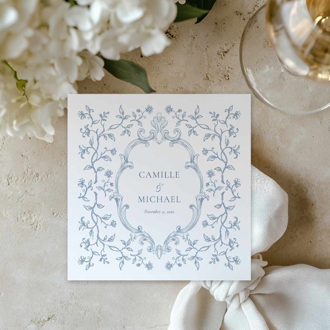 Blue Toile Crest Wedding Napkins (Blue Crest and Toile Wedding Napkin)