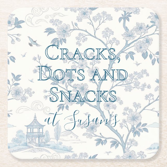 Blue Toile Custom Mahjong Personalized Square Paper Coaster (Front)