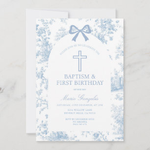 Blue Toile de Jouy Baptism & First Birthday Bow  Invitation