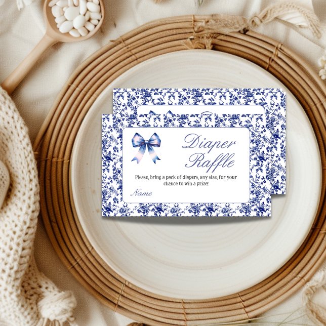 Blue Toile de Jouy Bow Baby Shower Diaper Raffle Enclosure Card (Creator Uploaded)