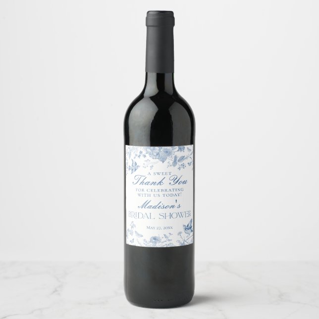 Blue Toile De Jouy Bridal Shower Favours Wine Label (Front)