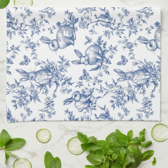 Blue Toile De Jouy Easter Bunny Kitchen Towel (Folded)