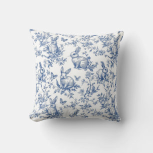 Blue Toile De Jouy Easter Bunny Throw Pillow