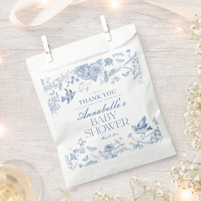 Blue Toile De Jouy Floral Baby Shower Dessert Favour Bag (Clipped)