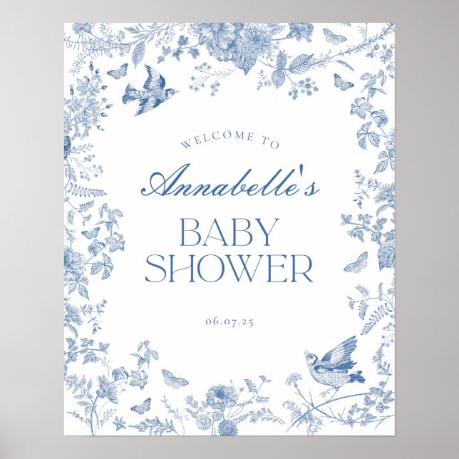 Blue Toile De Jouy Floral Baby Shower Welcome Sign (Front)