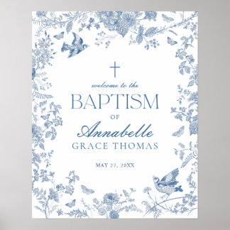 Blue Toile De Jouy Floral Baptism Welcome Sign
