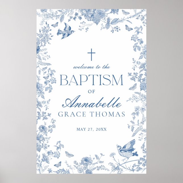 Blue Toile De Jouy Floral Baptism Welcome Sign (Front)