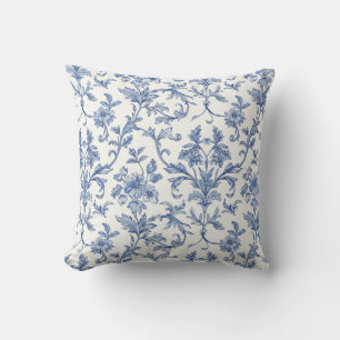 Blue Toile de Jouy French Country Floral Pattern Throw Pillow