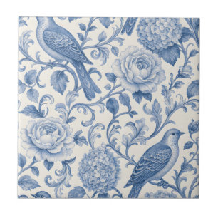Blue Toile de Jouy French Floral Bird Pattern Tile
