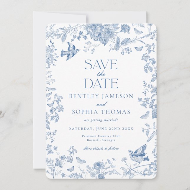 Blue Toile De Jouy French Floral Save the Date Invitation (Front)