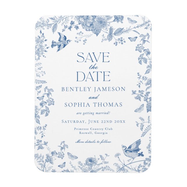 Blue Toile De Jouy French Floral Save the Date Magnet (Vertical)