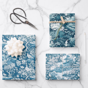 Blue Toile de Jouy-inspired Floral set of 3 Wrapping Paper Sheet
