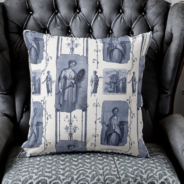 Blue Toile de Jouy Neoclassical Gods and Goddesses Throw Pillow (Creator Uploaded)