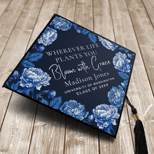 Blue Toile De Jouy Peony Bloom with Grace Graduation Cap Topper