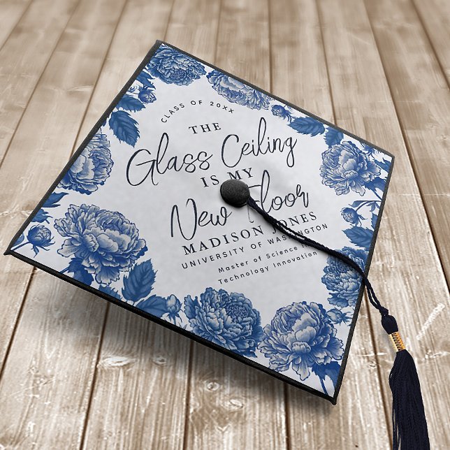 Blue Toile De Jouy Peony Glass Ceiling  Graduation Cap Topper (Creator Uploaded)