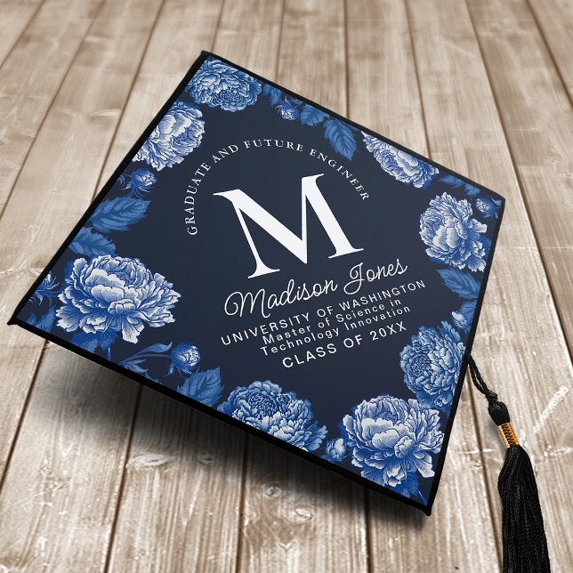 Blue Toile De Jouy Peony Monogram Graduation Cap Topper (Creator Uploaded)