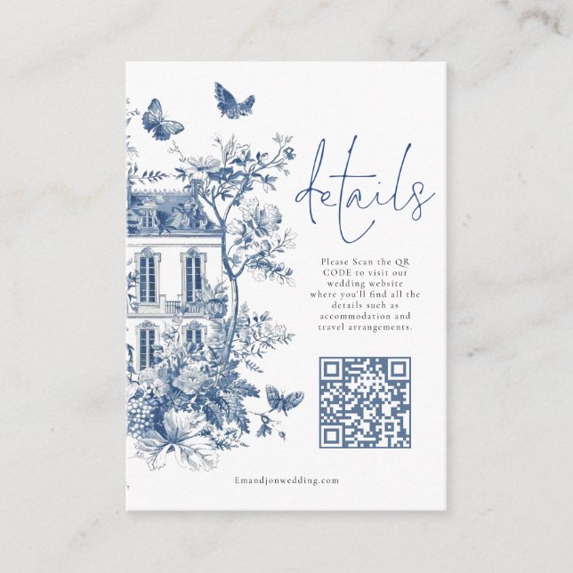 Blue Toile De Jouy QR Code Wedding Details Enclosure Card (Front)
