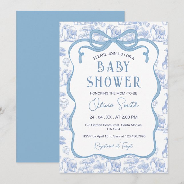 Blue Toile De Jouy Safari Animals Bow Baby Shower Invitation (Front/Back)